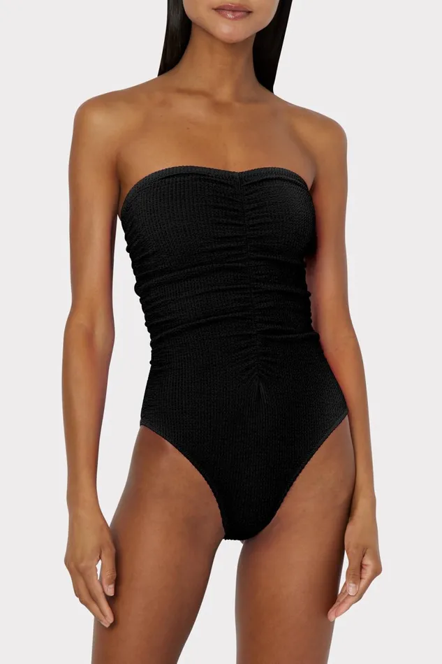 Milly Textured Ruched One Piece Black Women Swim and Coverups