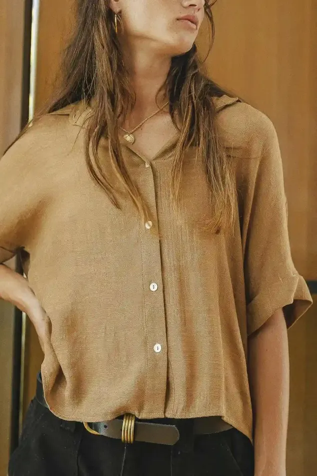 Nadia Button Up Top In Camel Camel Women Bohme Tops