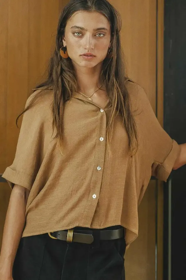 Nadia Button Up Top In Camel Camel Women Bohme Tops
