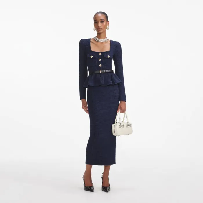 Navy Knit Peplum Midi Dress Women Self Portrait Dresses