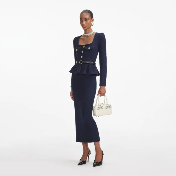 Navy Knit Peplum Midi Dress Women Self Portrait Dresses Navy Knit Peplum Midi Dress Women Self Portrait Dresses
