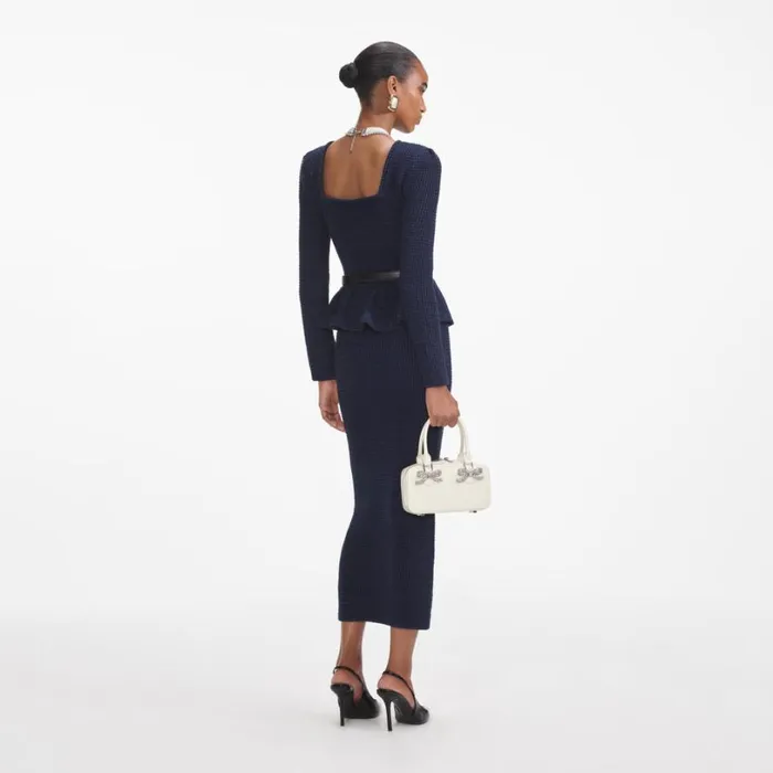 Navy Knit Peplum Midi Dress Women Self Portrait Dresses Navy Knit Peplum Midi Dress Women Self Portrait Dresses