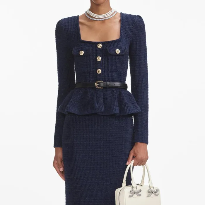 Navy Knit Peplum Midi Dress Women Self Portrait Dresses Navy Knit Peplum Midi Dress Women Self Portrait Dresses