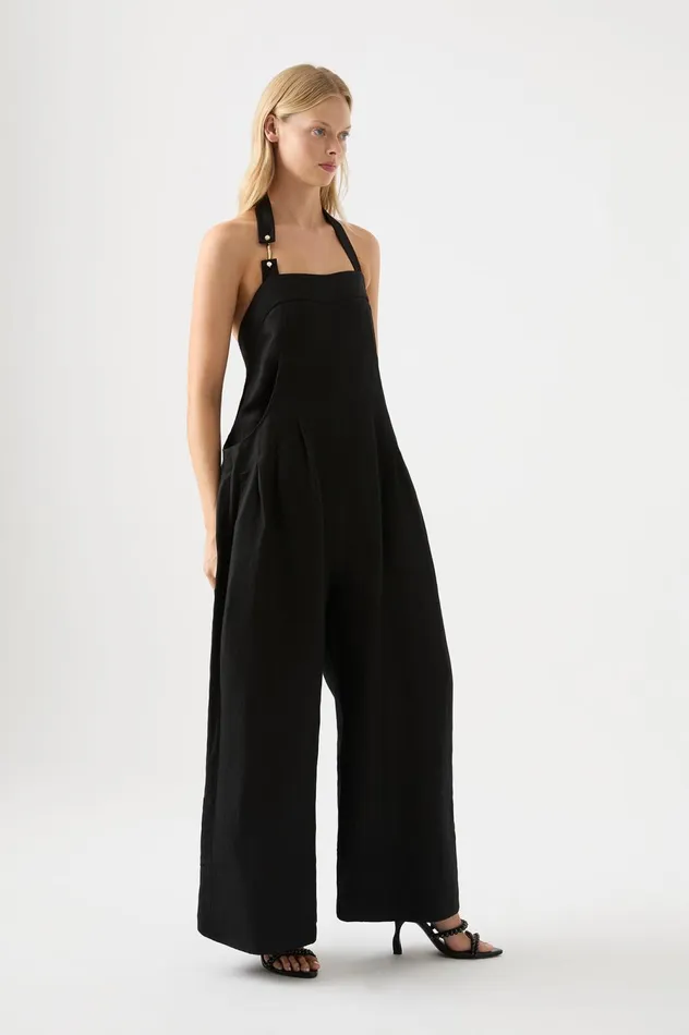 Neo Pleated Halter Jumpsuit Black Women Aje Jumpsuits 038 Playsuits