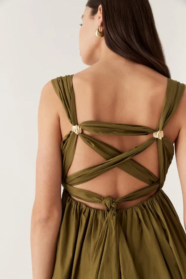 Nova Tie Back Midi Dress Deep Olive Women Aje Bridesmaid Dresses