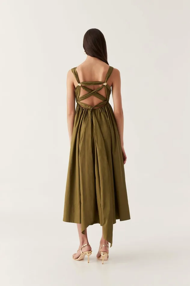 Nova Tie Back Midi Dress Deep Olive Women Aje Bridesmaid Dresses