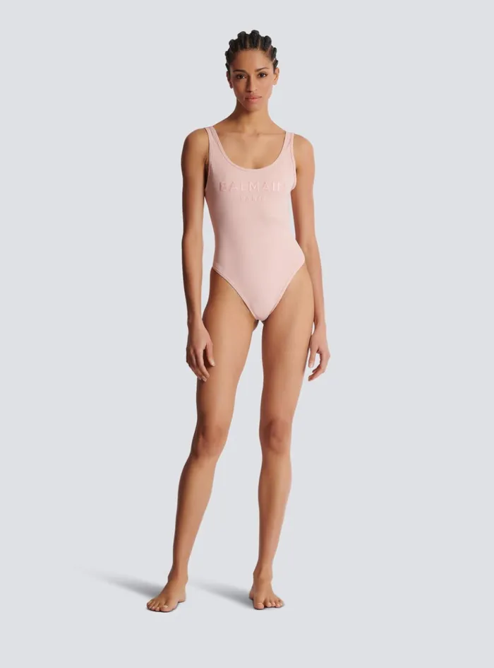 Onepiece Swimsuit With Paris Embroidery Pink Women Balmain Swimwear