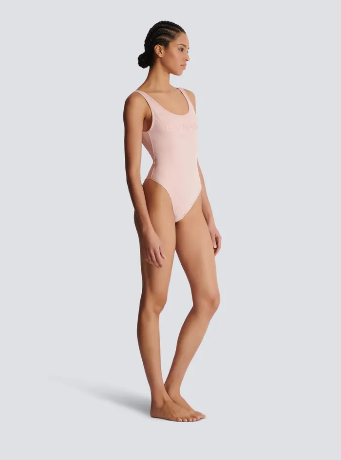 Onepiece Swimsuit With Paris Embroidery Pink Women Balmain Swimwear