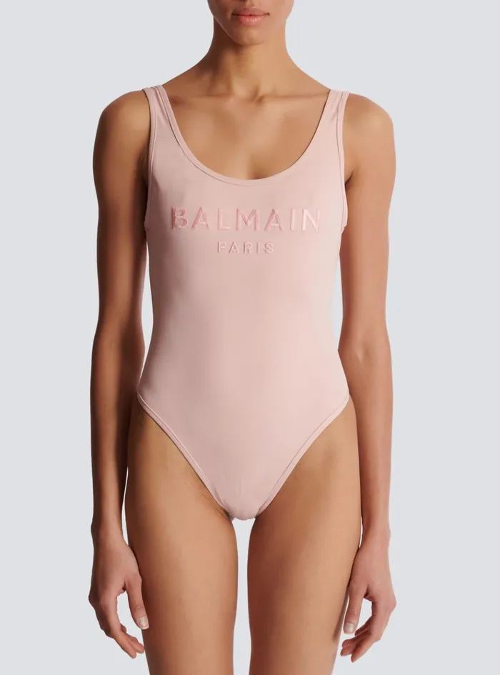 Onepiece Swimsuit With Paris Embroidery Pink Women Balmain Swimwear