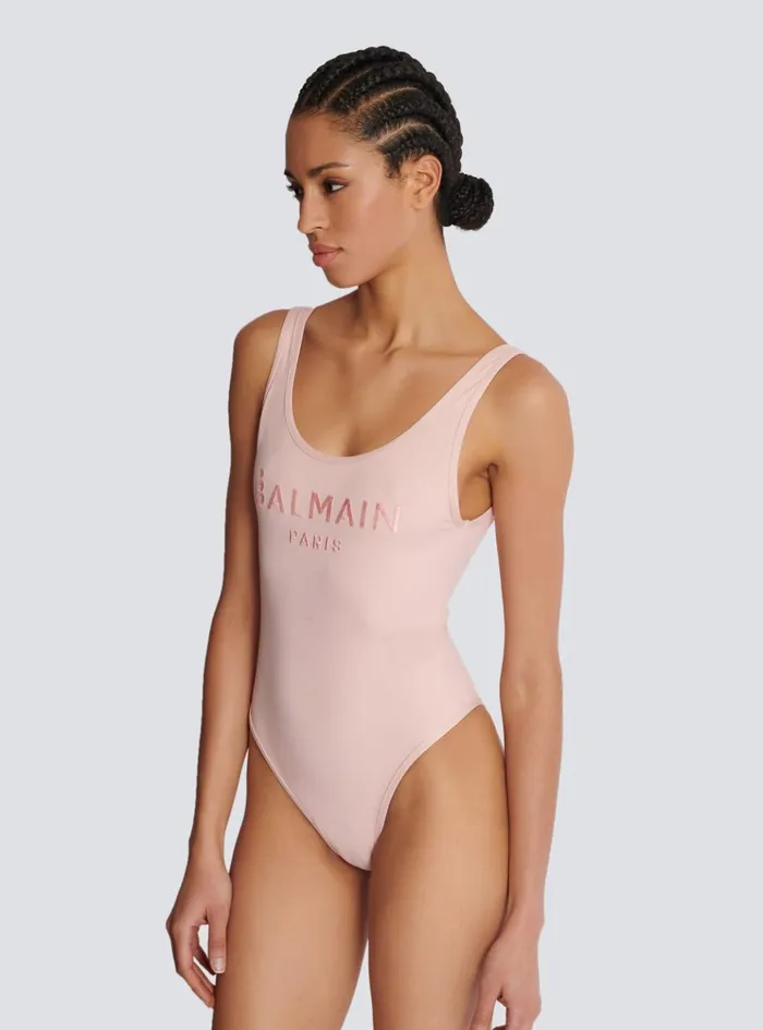 Onepiece Swimsuit With Paris Embroidery Pink Women Balmain Swimwear