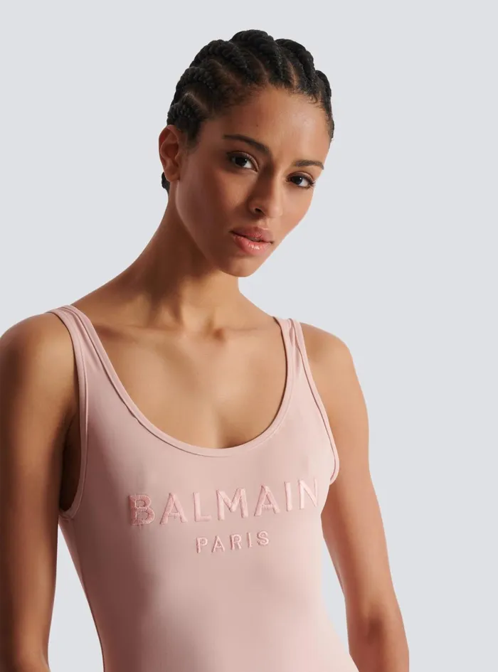 Onepiece Swimsuit With Paris Embroidery Pink Women Balmain Swimwear
