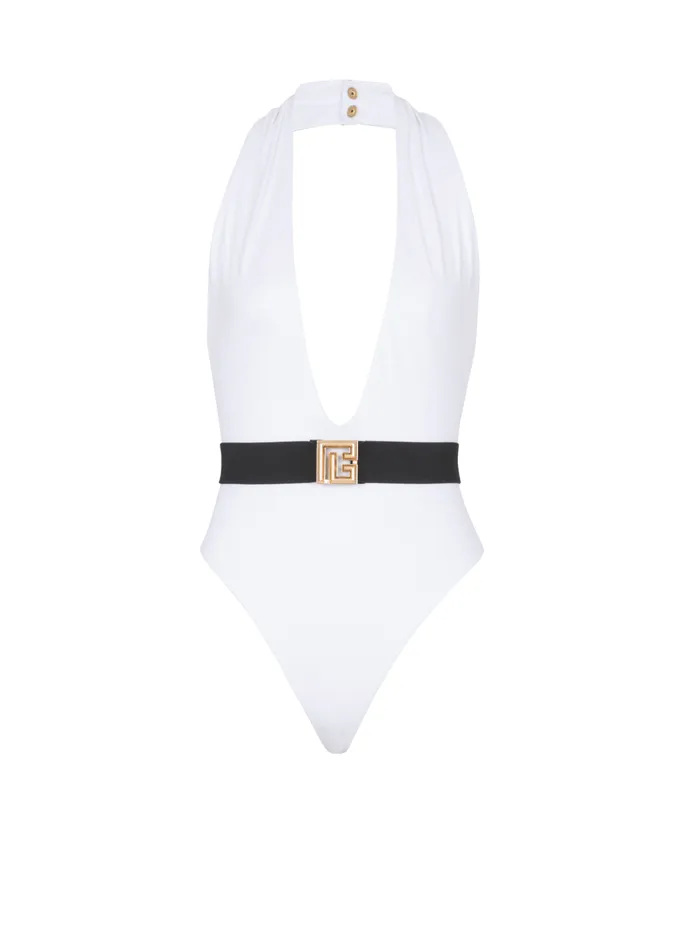 Onepiece Swimsuit With PB Belt White Women Balmain Swimwear