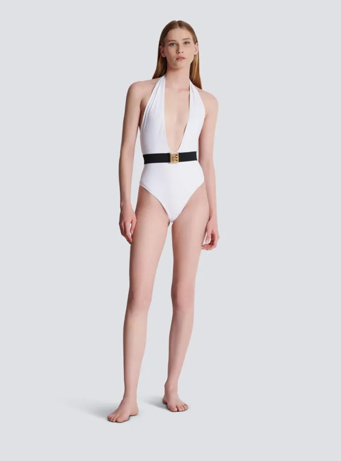 Onepiece Swimsuit With PB Belt White Women Balmain Swimwear