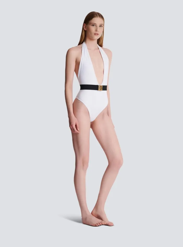 Onepiece Swimsuit With PB Belt White Women Balmain Swimwear
