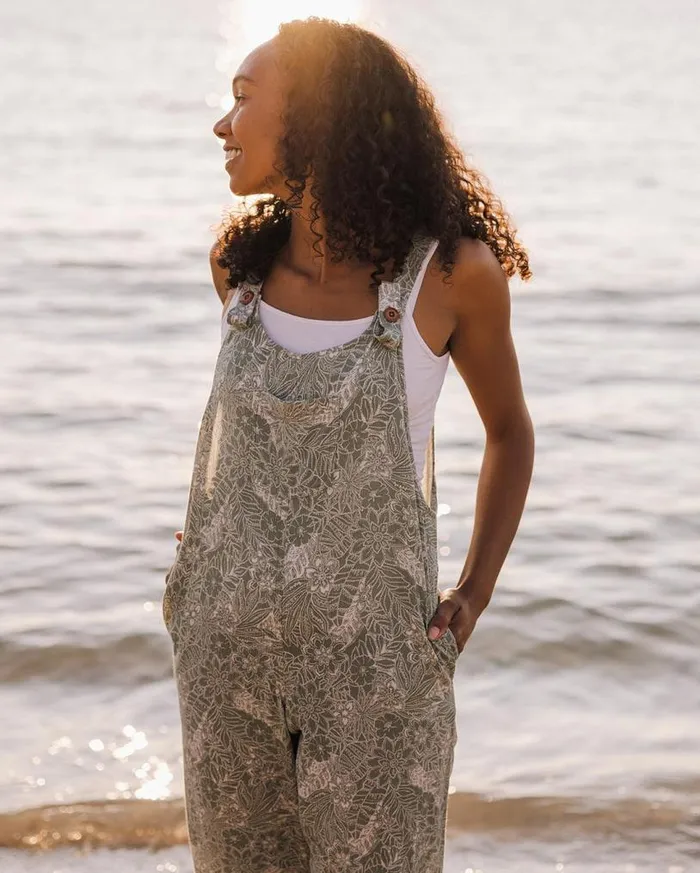 Passenger Clothing Serenity Organic Cotton Dungarees Pistachio Floral Women Dungarees and Trousers