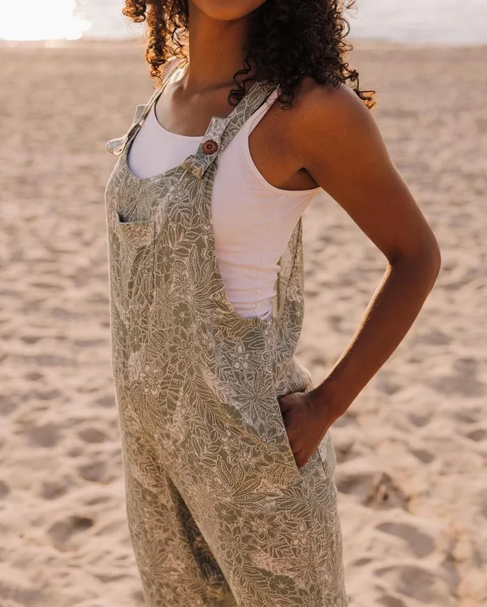 Passenger Clothing Serenity Organic Cotton Dungarees Pistachio Floral Women Dungarees and Trousers
