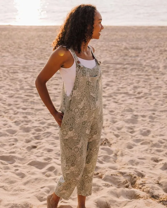 Passenger Clothing Serenity Organic Cotton Dungarees Pistachio Floral Women Dungarees and Trousers