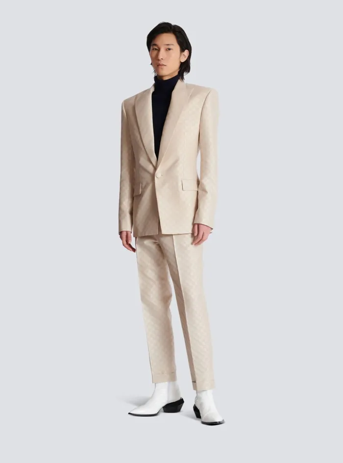 PB Labyrinth Jacquard Straightleg Trousers Beige Men Balmain Trousers And Shorts