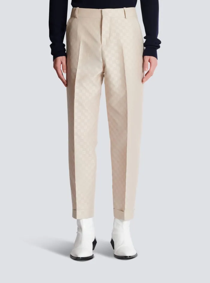 PB Labyrinth Jacquard Straightleg Trousers Beige Men Balmain Trousers And Shorts