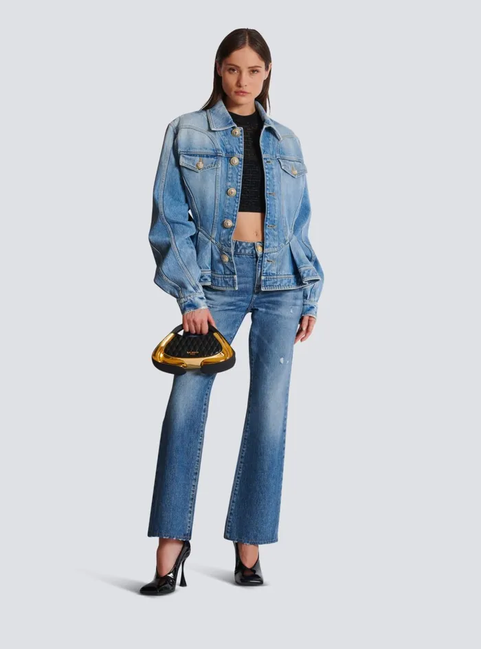 Pleated Denim Jacket Blue Women Balmain Jackets And Blazers