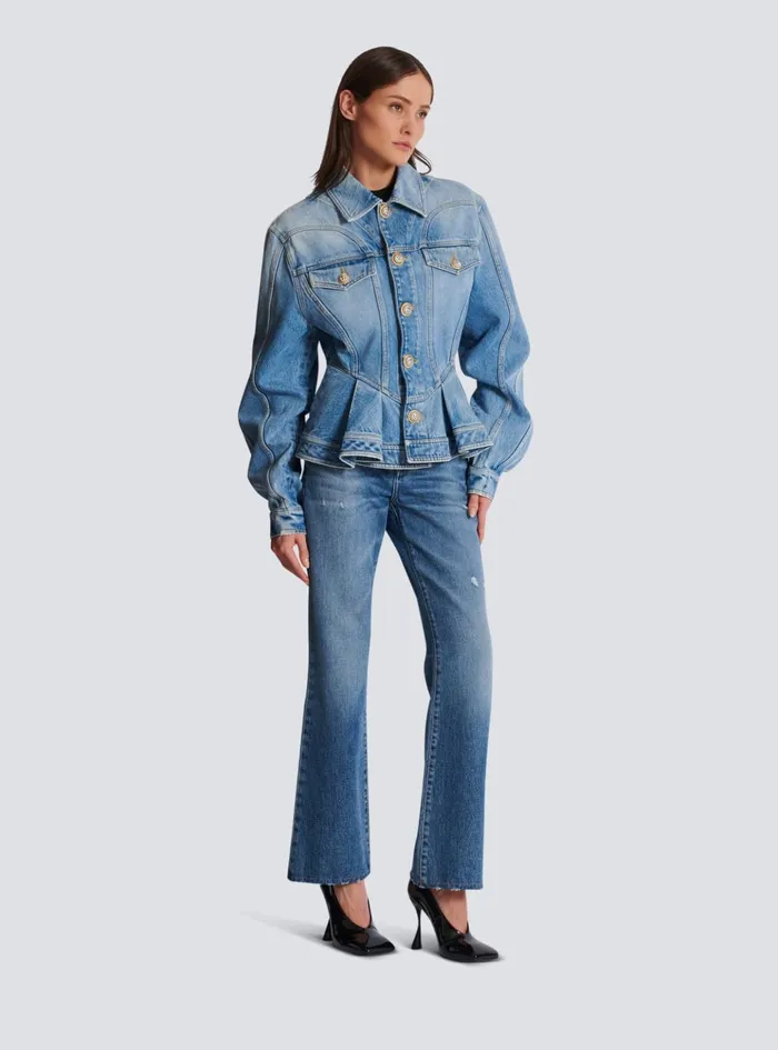 Pleated Denim Jacket Blue Women Balmain Jackets And Blazers