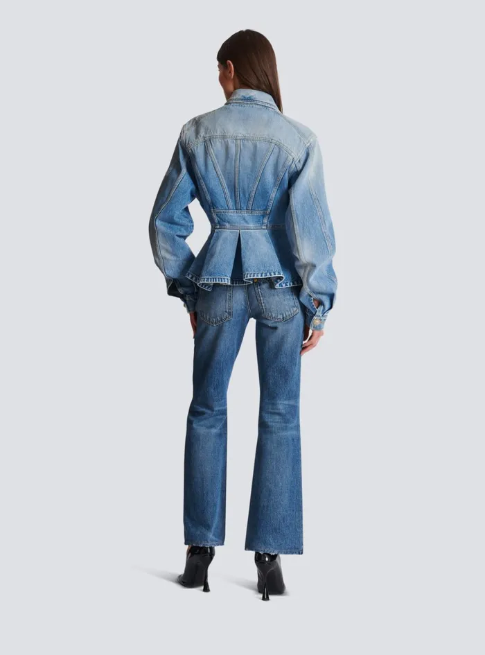 Pleated Denim Jacket Blue Women Balmain Jackets And Blazers