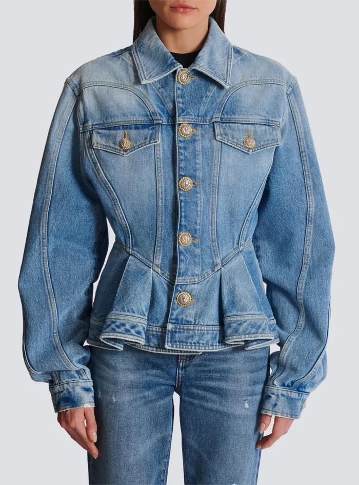 Pleated Denim Jacket Blue Women Balmain Jackets And Blazers