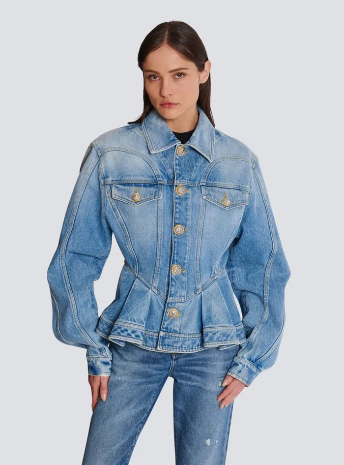 Pleated Denim Jacket Blue Women Balmain Jackets And Blazers