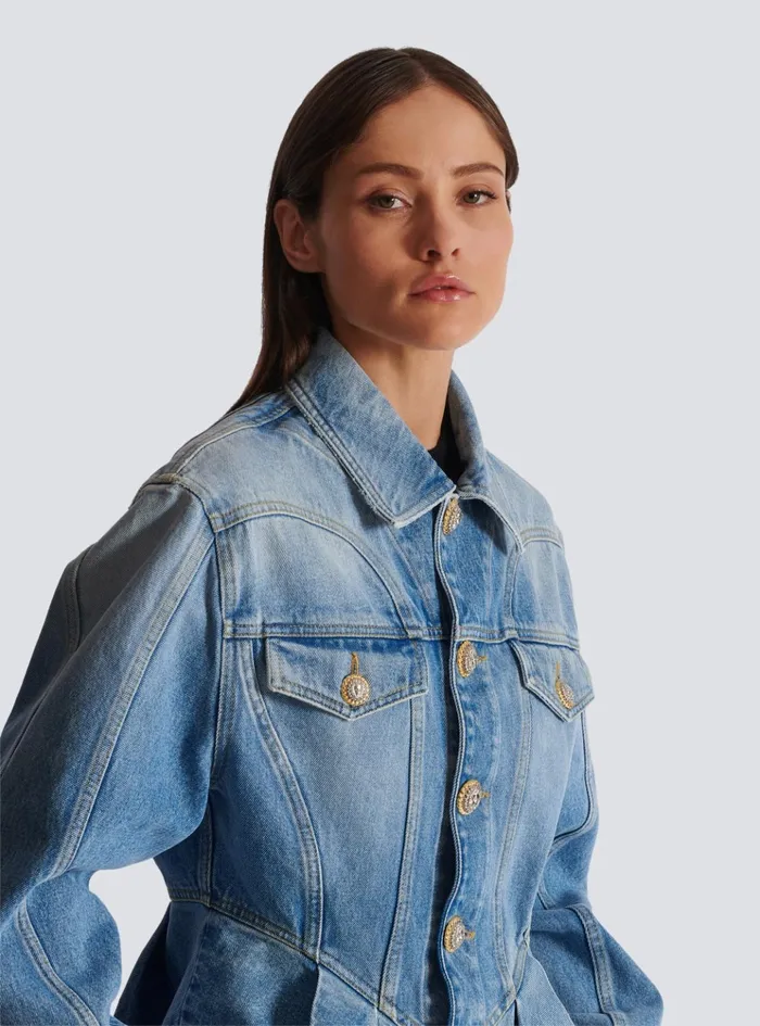 Pleated Denim Jacket Blue Women Balmain Jackets And Blazers