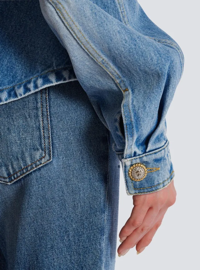 Pleated Denim Jacket Blue Women Balmain Jackets And Blazers