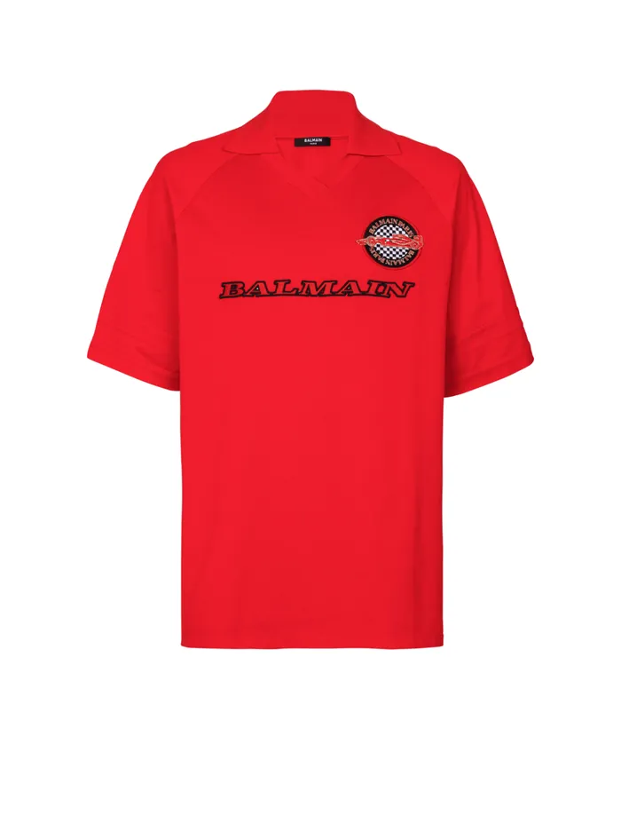 Polo Shirt With Racing Embroidery Red Men Balmain Shirts And Polos