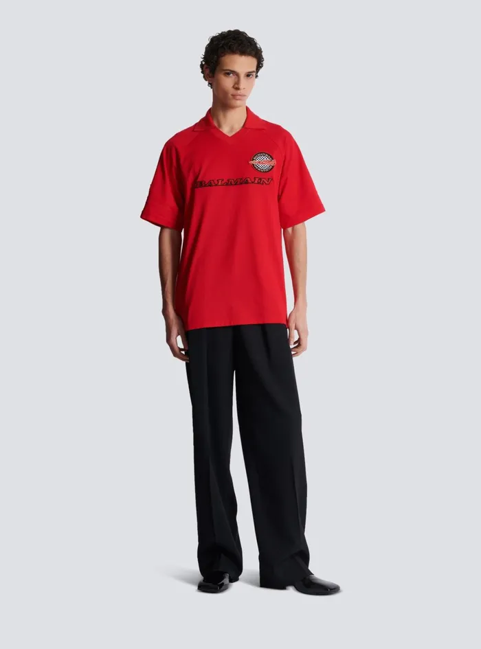 Polo Shirt With Racing Embroidery Red Men Balmain Shirts And Polos