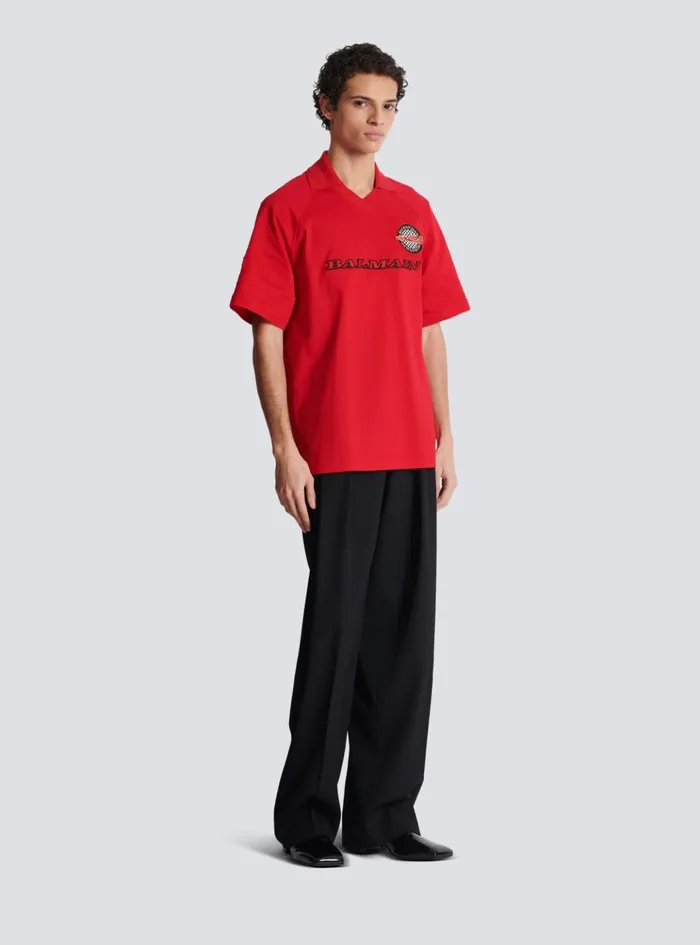 Polo Shirt With Racing Embroidery Red Men Balmain Shirts And Polos