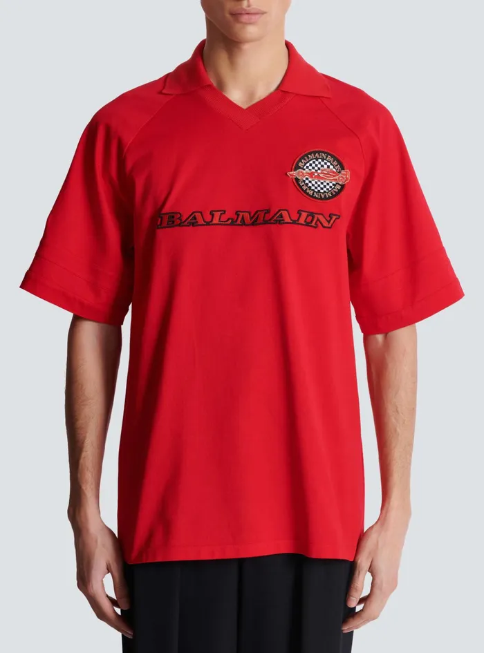 Polo Shirt With Racing Embroidery Red Men Balmain Shirts And Polos