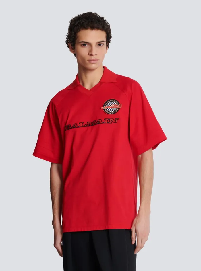 Polo Shirt With Racing Embroidery Red Men Balmain Shirts And Polos