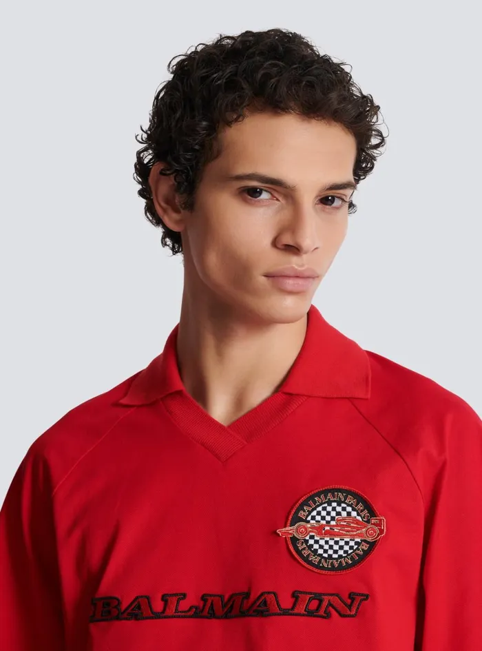 Polo Shirt With Racing Embroidery Red Men Balmain Shirts And Polos