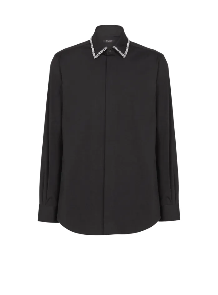 Poplin Shirt With Embroidered Collar Black Men Balmain Shirts And Polos