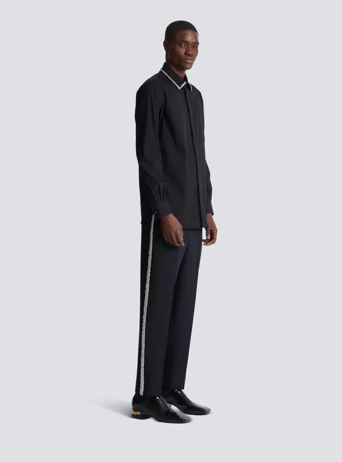 Poplin Shirt With Embroidered Collar Black Men Balmain Shirts And Polos