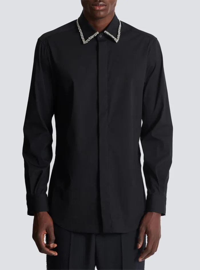 Poplin Shirt With Embroidered Collar Black Men Balmain Shirts And Polos