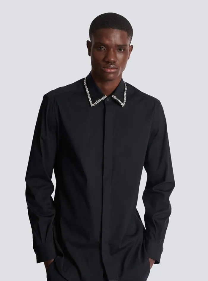 Poplin Shirt With Embroidered Collar Black Men Balmain Shirts And Polos
