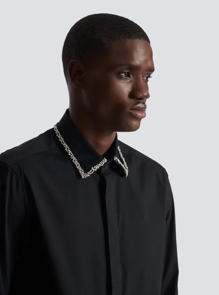 Poplin Shirt With Embroidered Collar Black Men Balmain Shirts And Polos