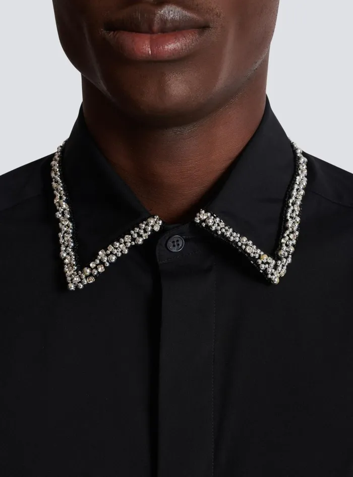 Poplin Shirt With Embroidered Collar Black Men Balmain Shirts And Polos