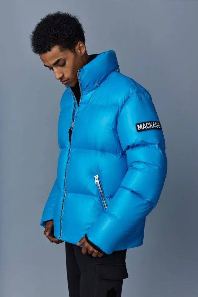 Puffer Men Mackage KENTZ Lustrous Down Jacket With Hood Sapphire