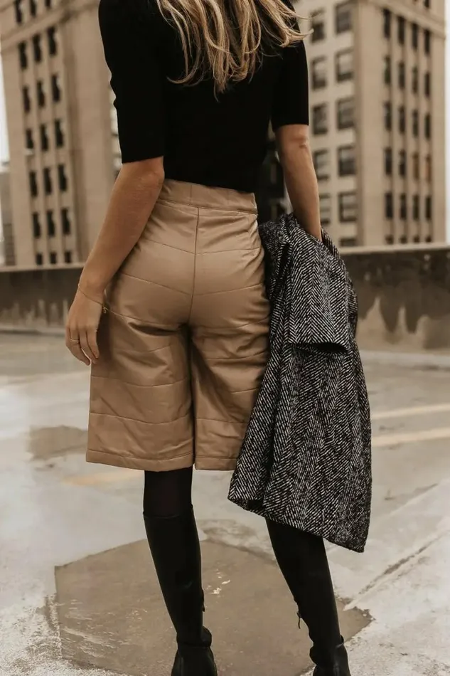 Quilted Vegan Leather Bermuda Shorts Tan Women Bohme Shorts