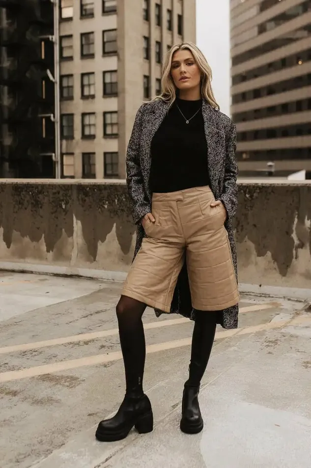 Quilted Vegan Leather Bermuda Shorts Tan Women Bohme Shorts