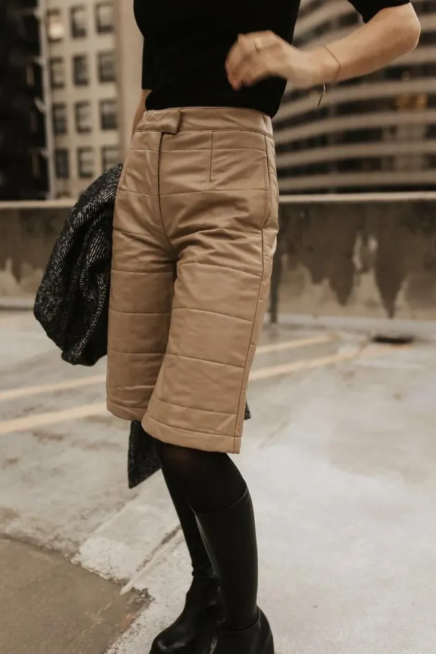 Quilted Vegan Leather Bermuda Shorts Tan Women Bohme Shorts