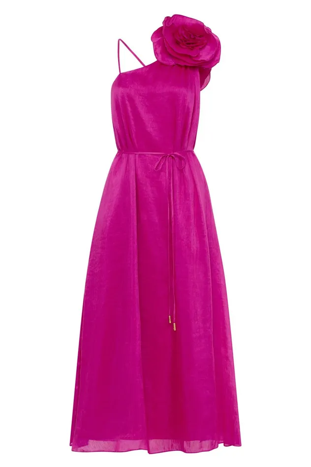 Quintessa Flower Midi Dress Deep Magenta Women Aje Pink Dresses
