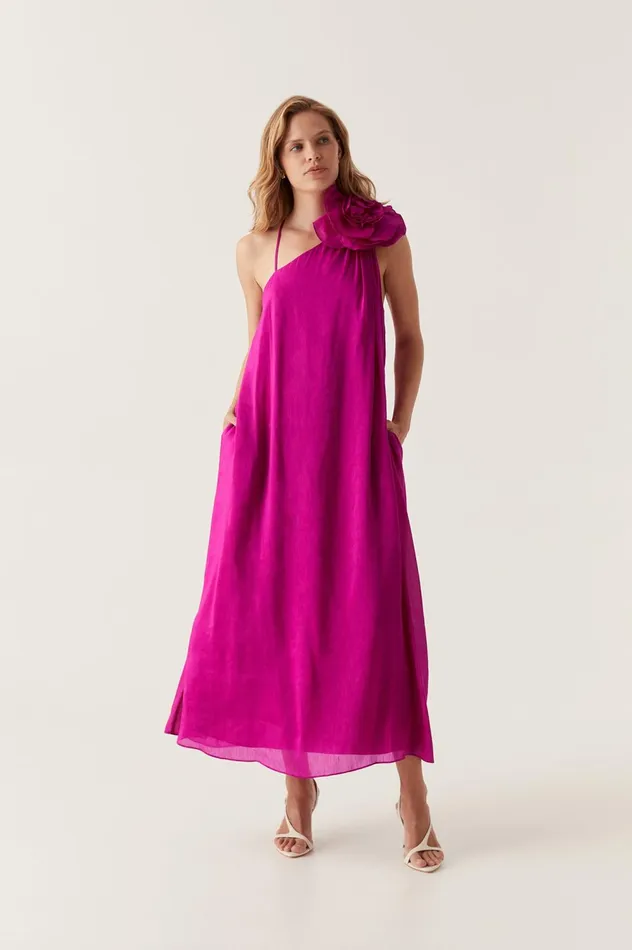 Quintessa Flower Midi Dress Deep Magenta Women Aje Pink Dresses