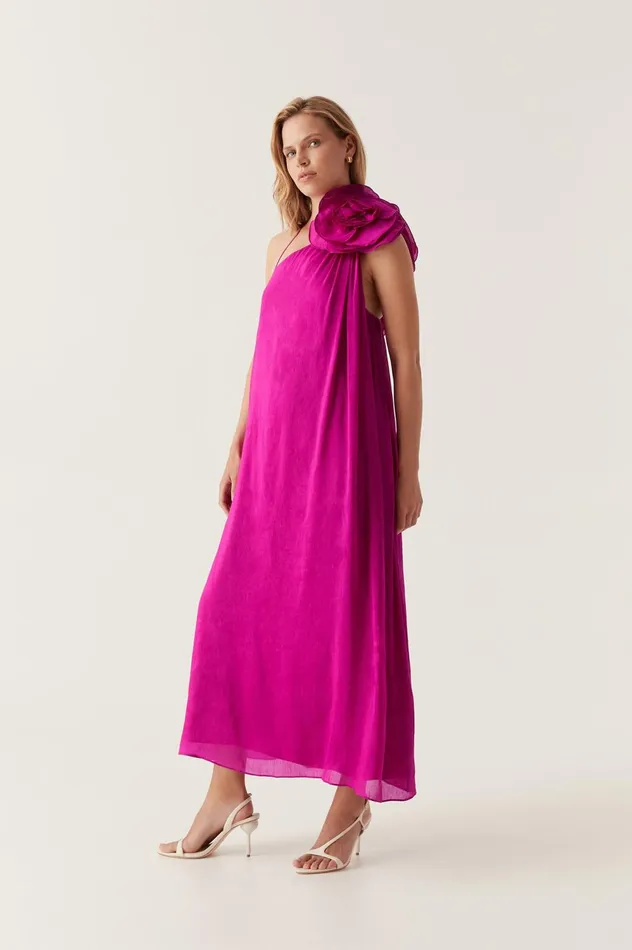 Quintessa Flower Midi Dress Deep Magenta Women Aje Pink Dresses