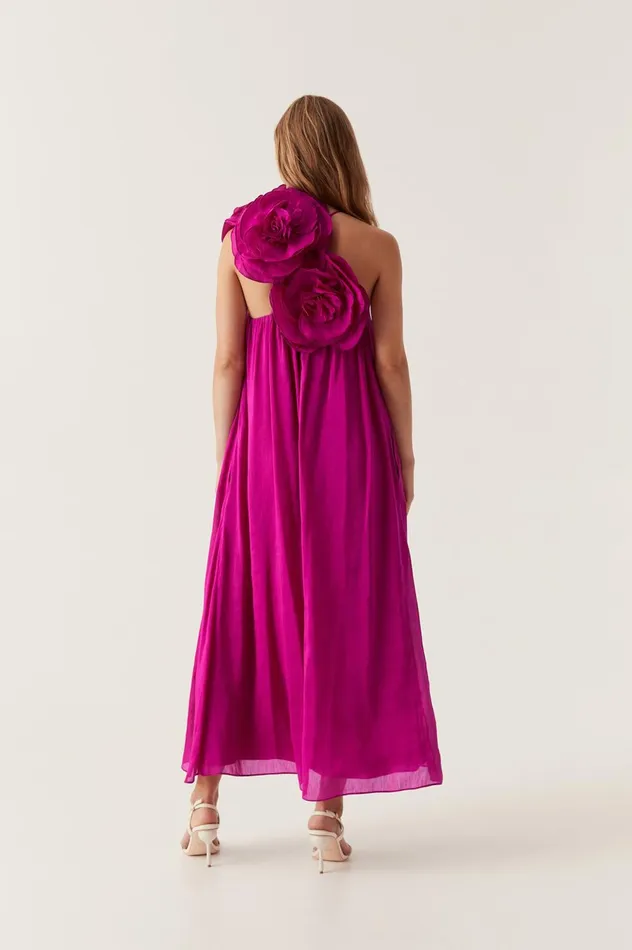 Quintessa Flower Midi Dress Deep Magenta Women Aje Pink Dresses